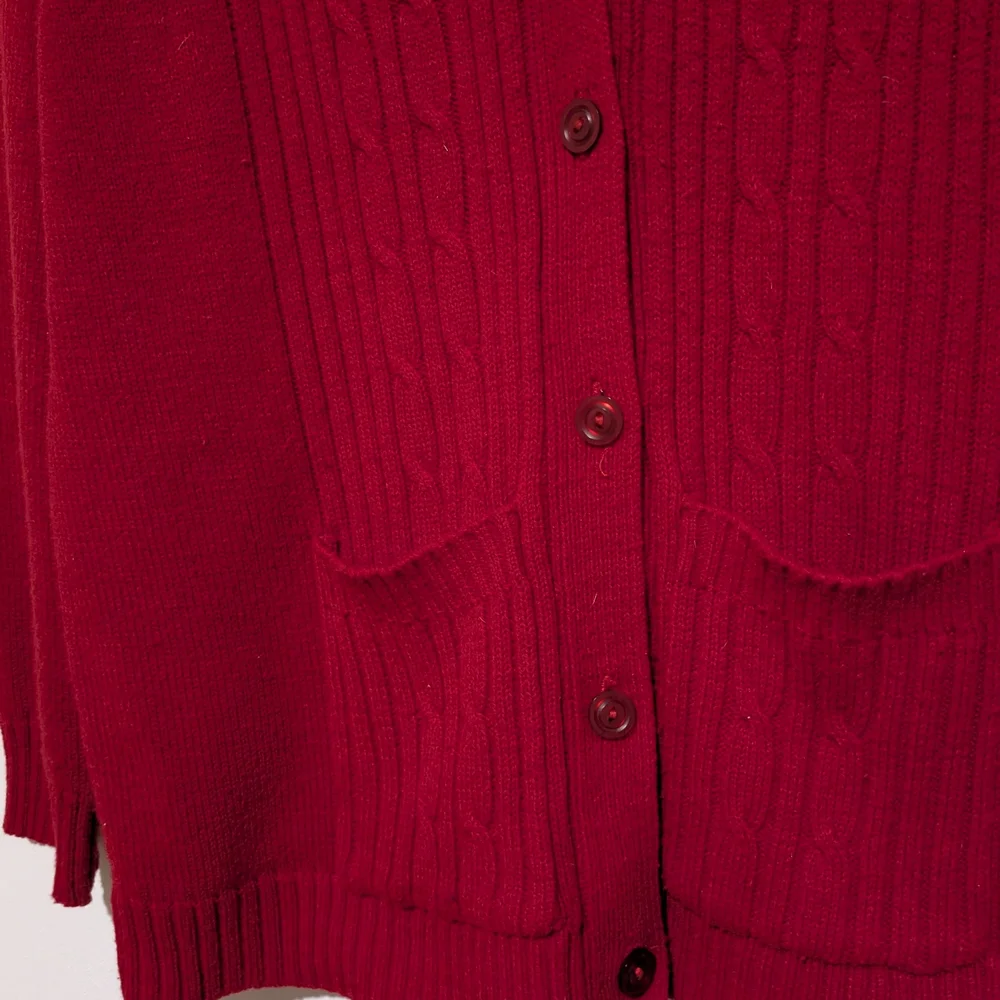 Men's Vintage Red Cardigan Sweater Cable Trim Pockets M